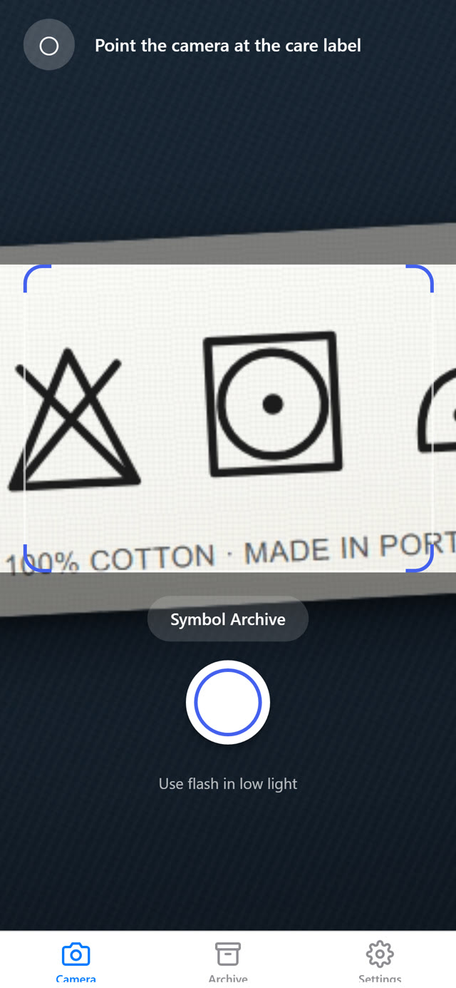 App camera pointed at a care label